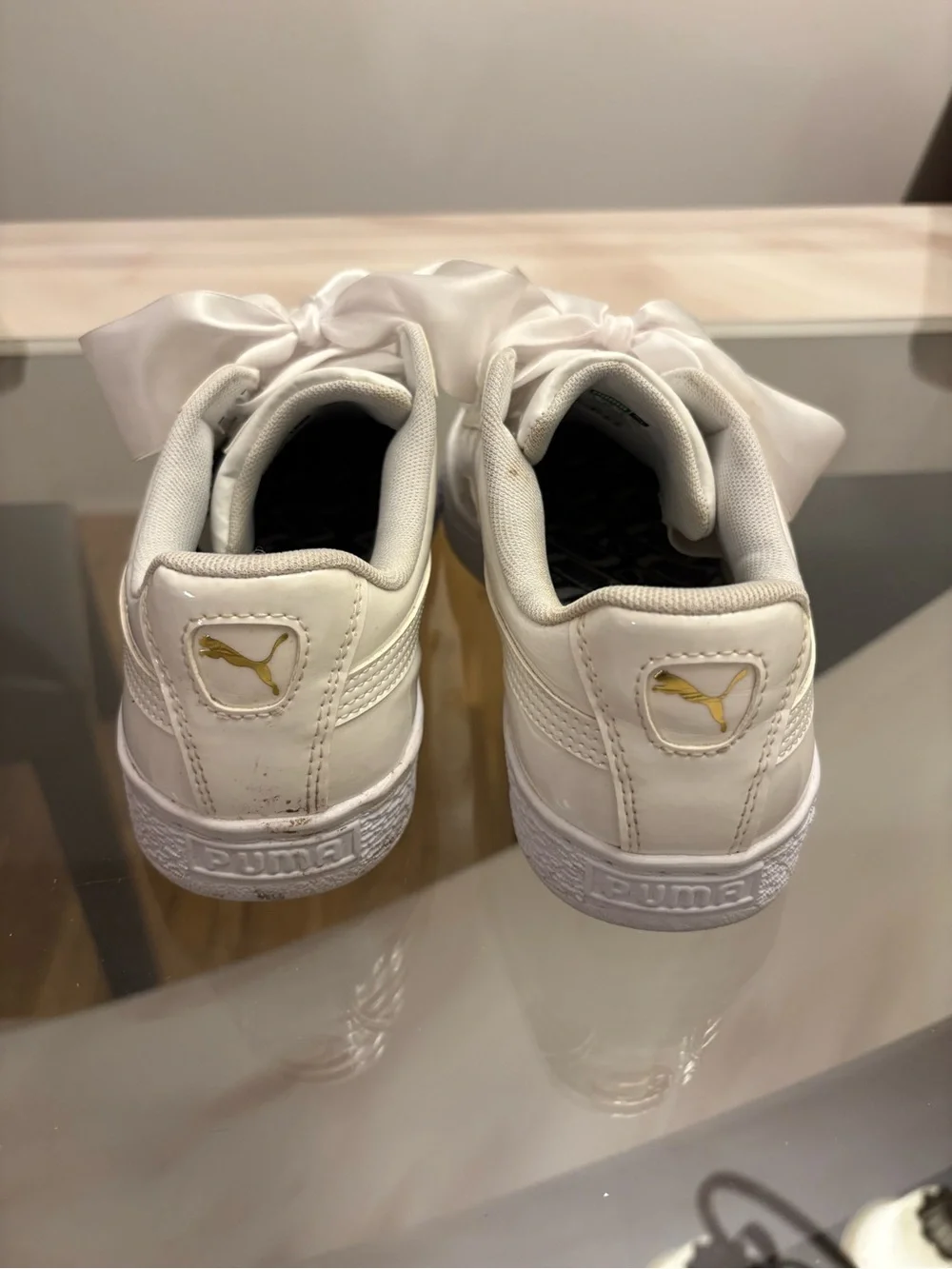 Puma White Patent Leather Sneakers with Satin Bow Laces size 9